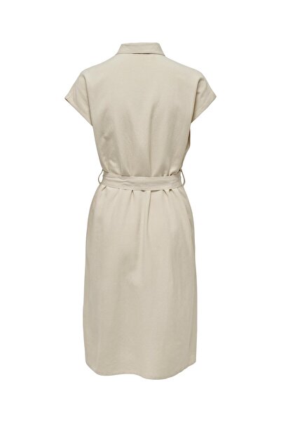 ONLY Double Pocket Buttoned Linen Blend Belted Wrap Sleeve Shirt Collar Dress