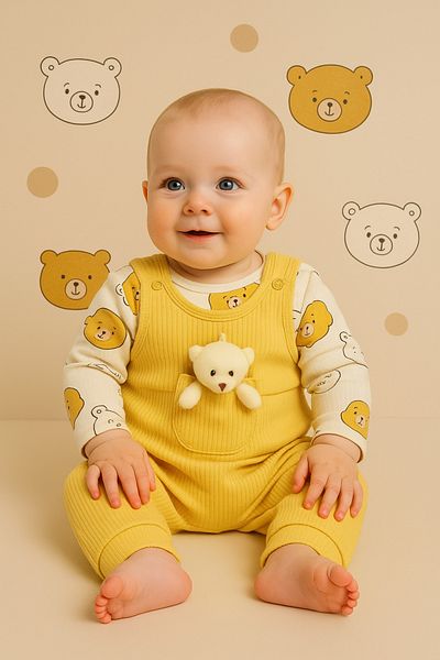 NAFİTTO Teddy Bear Baby Jumpsuit 3-Piece Jumpsuit Set – Bodysuit, Jumpsuit and Socks |   3-6-9 Months Baby Outfit