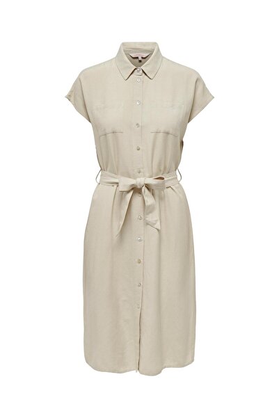 ONLY Double Pocket Buttoned Linen Blend Belted Wrap Sleeve Shirt Collar Dress