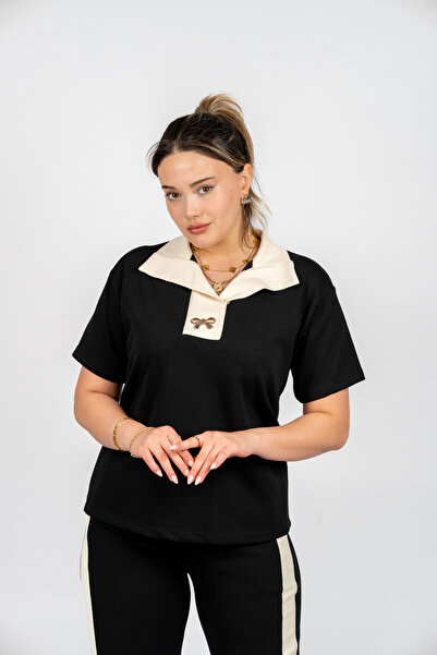 PUANT Women's Polo Neck Striped Tracksuit Set - Short Sleeve Comfortable Fit