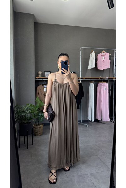 YOUR NAME Φαρδύ κορδόνι με λουράκια μακρύ καφέ γυναικείο φόρεμα