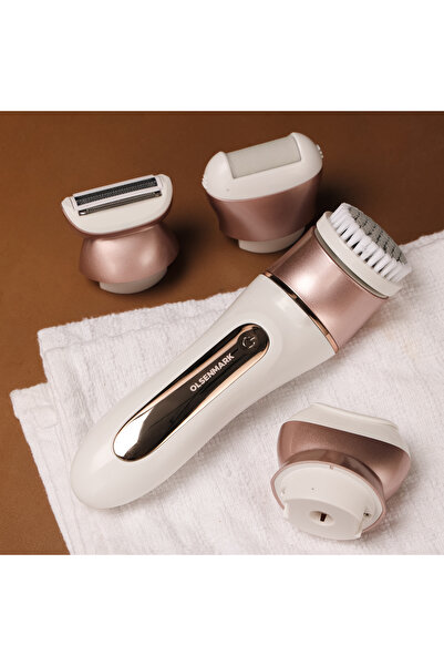 Olsenmark 5-in-1 Epilator Kit White Rose Gold – Wet Dry Use With Shaver Massager Callus Brush Facial Head