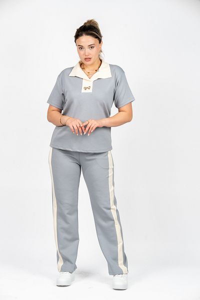PUANT Women's Polo Neck Striped Tracksuit Set - Short Sleeve Comfortable Fit