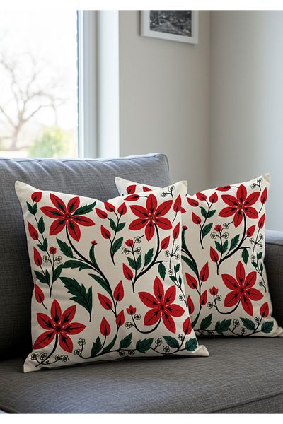 Artvibe Ottoman Style Red Floral Patterned Set of 4 Decorative Throw Pillow Cases – 43X43 Cm, Washable Fabric