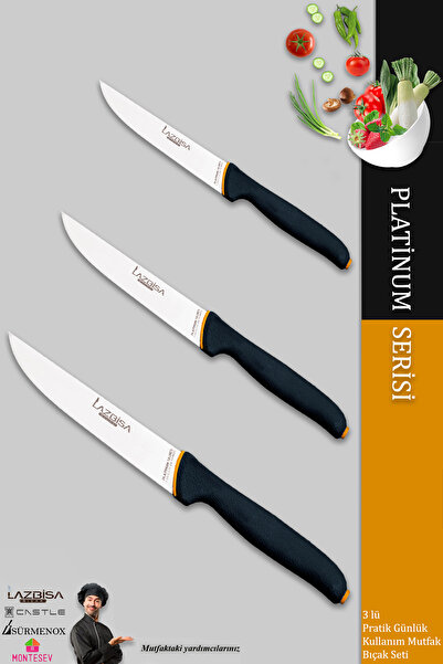 LAZBİSA Platinum Serisi Mutfak Bıçak Seti Et Ekmek Sebze Meyve Bıçağı 3 Lü Se...