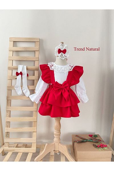 BİYA BABY Girl's and baby red suspenders fold fold skirt salopet gilet shirt bandana socks suit combination