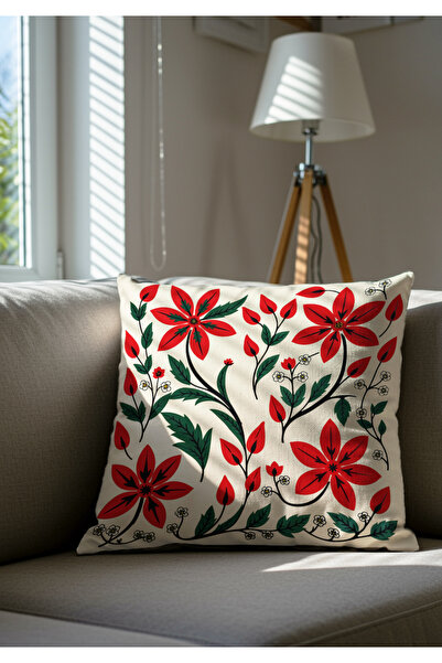 Artvibe Ottoman Style Red Floral Patterned Set of 4 Decorative Throw Pillow Cases – 43X43 Cm, Washable Fabric