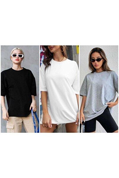 Tight Lady 3lü Paket Süper Kalite Unisex Pamuk Siyah Beyaz Gri Oversize Boyfriend T-shirt Kadın Erkek