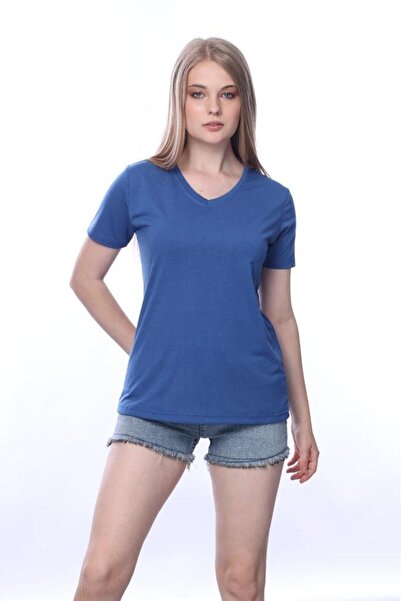 Tight Lady Süper Kalite Açık Lacivert V Yaka Kadın Tişört Düz Renk Basic Orga...