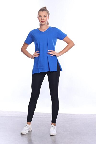 Tight Lady 100% бавовна Жіночі сині V-подібним вирізом Yiğit Liyi асиметрична футболка футболка футболка футболка туніка туніка