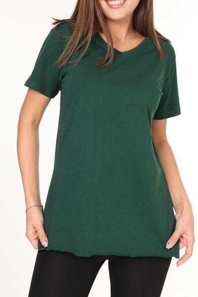 Tight Lady Σμαραγδένιο πράσινο V-λαιμόκοψη ασύμμετρο χτενισμένο βαμβακερό μπλουζάκι - 100% βαμβάκι