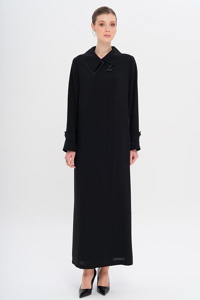 Olcay Handkerchief Collar Button Stoned Satin Detailed Lined Large Size Top Coat Black 6723