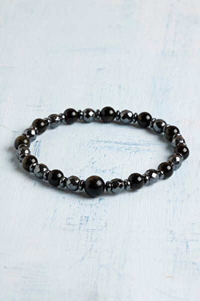 Deniz Doğal Taş Sertifikalı Obsidyen ve Hematit Negatif Enerji Bloklayıcı Doğal Taş Bileklik