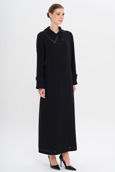 Olcay Handkerchief Collar Button Stoned Satin Detailed Lined Large Size Top Coat Black 6723