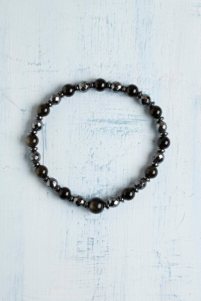 Deniz Doğal Taş Sertifikalı Obsidyen ve Hematit Negatif Enerji Bloklayıcı Doğal Taş Bileklik