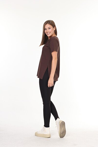 Tight Lady Дамска кафява туника с V-образно деколте и страничен цепка, асиметрична, плетена от 100% памук