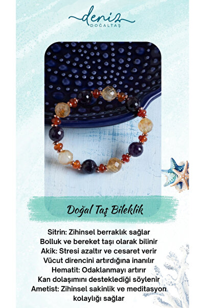 Deniz Doğal Taş Sertifikalı Sitrin, Ametist, Akik ve Hematit Doğal Taş Bileklik