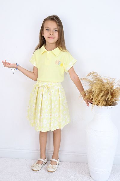 ESİLA KİDS Girl's Suit Polo Collar Floral Patterned Belted Pleated Skirt 2 Piece Suit Summer Combination 4-8 Years Old