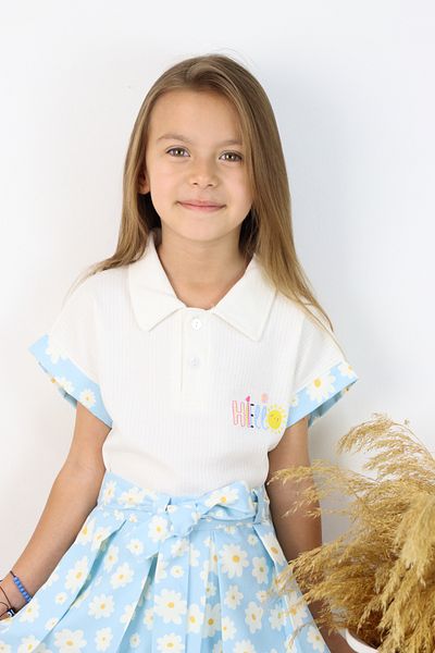 ESİLA KİDS Costum pentru fete Guler polo Model floral Fusta plisată cu centură Set 2 piese Combinație de vară 4-8 ani