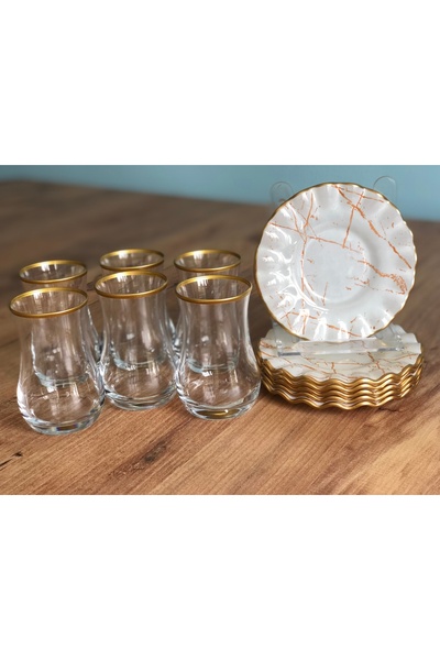 B&M Beyaz Mermer Desenli Kıvrımlı 6 Kişilik Çay Seti 12 Parça