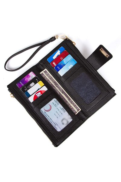 Leyl Large Coin Wallet with Phone Compartment, Women's Artificial Leather Portfolio Wallet with Wrist Strap
