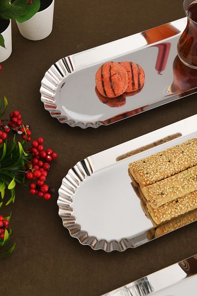 AKSESUAR EVRENİ Davin Decorative Stainless Oval Serrated Edges 3 Pieces Presentation Tray