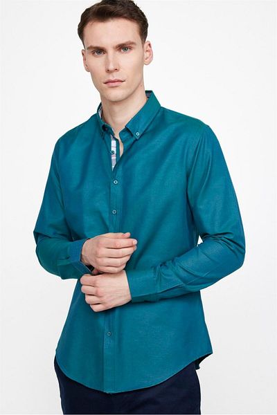 Tudors Ανδρικό μπλουζάκι Oxford Cotton Slim Fit - Μακρυμάνικο, Πράσινο Γιακά με Κουμπί, Εύκολο σιδέρωμα