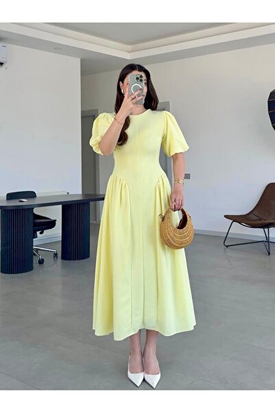Afiş Butik Κίτρινο μπαλόνι μανίκι πλισέ Princess μακρύ φόρεμα