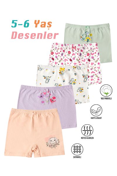ÖZKAN underwear Özkan 41602 5 Pack Girls' Mixed Color Patterned Cotton Soft Comfortable Shorts Boxers