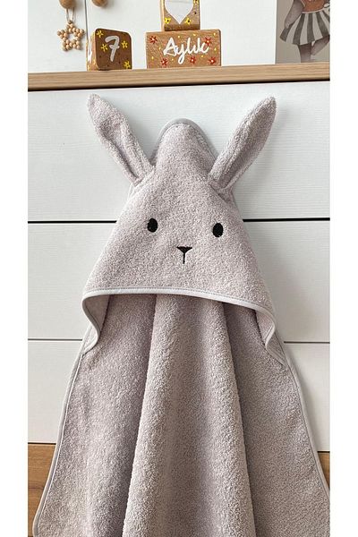Alpar Tekstil 100% Cotton Baby Boy and Girl Bath Towel - Soft, Gray/Rabbit