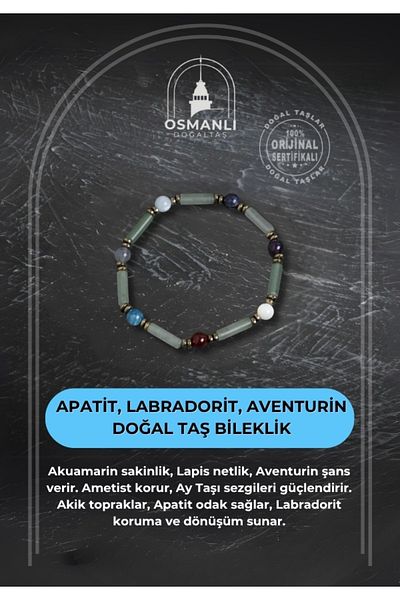 OSMANLI DOĞAL TAŞ Certified Apatite, Labradorite and Aventurine Natural Stone Bracelet