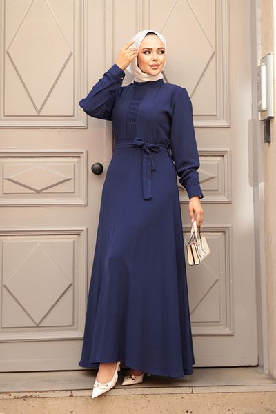 Neva Style Navy Blue 6621L Belted Hijab Dress