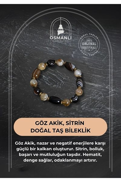 OSMANLI DOĞAL TAŞ Certified Eye Agate and Citrine Natural Stone Bracelet