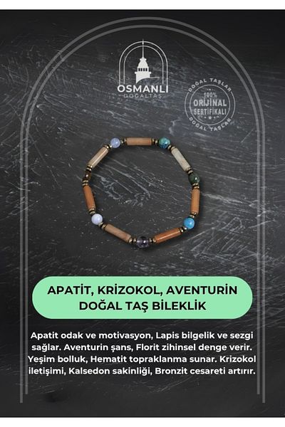 OSMANLI DOĞAL TAŞ Certified Apatite, Chrysocolla and Aventurine Natural Stone Bracelet