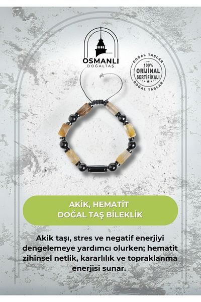 OSMANLI DOĞAL TAŞ Certified Agate and Hematite Natural Stone Bracelet