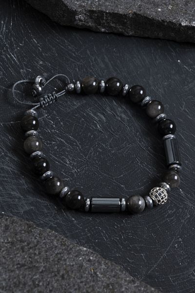 OSMANLI DOĞAL TAŞ Certified Hematite and Obsidian Natural Stone Bracelet