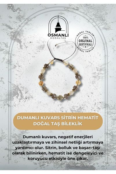 OSMANLI DOĞAL TAŞ Certified Smoky Quartz Citrine Hematite Natural Stone Bracelet