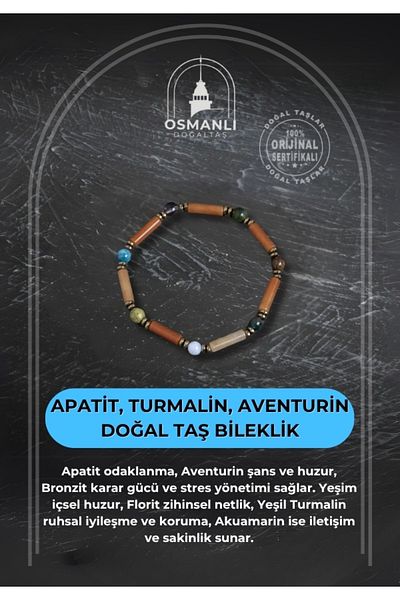 OSMANLI DOĞAL TAŞ Certified Apatite, Tourmaline and Aventurine Natural Stone Bracelet