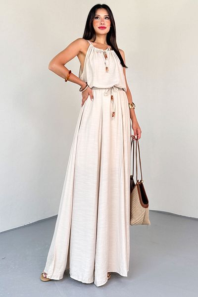 Cappmoda Tkm-13320 Beige Beaded Strap Blouse & Skirt Soft Textured Double Suit