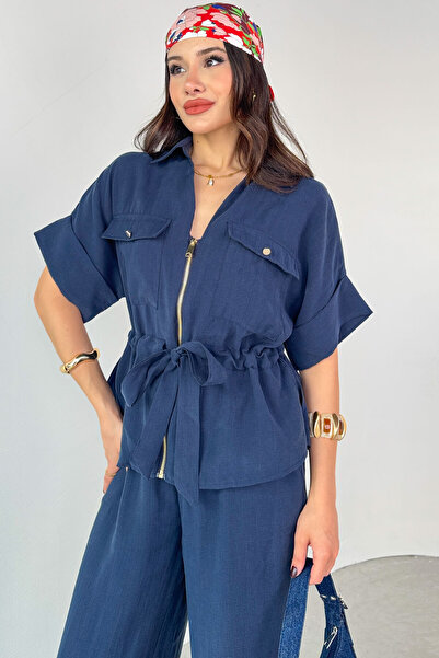 Cappmoda Tkm-03704 Navy Blue Zippered Pocket Detailed Jacket Loose Trousers Double Set