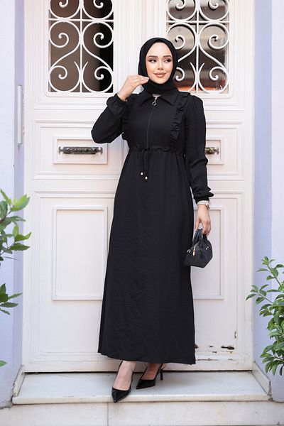 Neva Style Zippered Black Hijab Dress 17021S