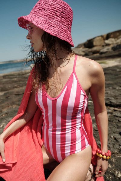 C&City Fuchsia U-Neck Rope Strap Swimsuit - 7782