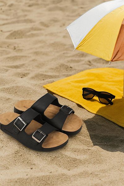 GEZER Black Men's Double Buckle Adjustable Daily Genuine Leather Sole Slippers