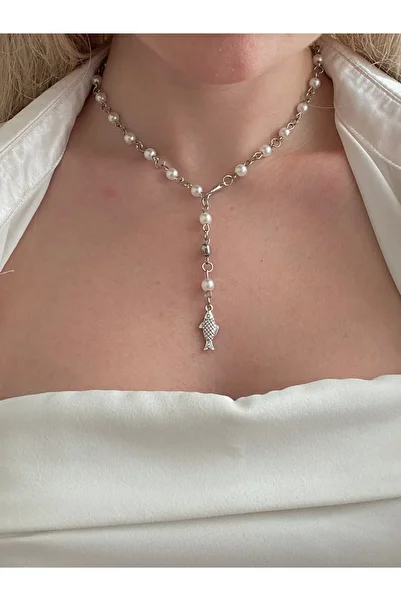 bettymettys Fairycore Coquette Pearl Y Necklace with Lucky Fish Charm