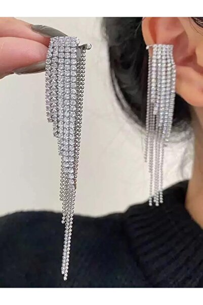 AychaAksesuar çelik (TEK) vip seri suyolu zirkon taşlı sallantılı püsküllü deliksiz çelik kıkırdak küpe