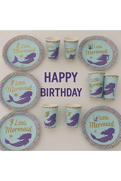 partyrüyası Mermaid Themed Paper Plate and Cup Party Set for 8 People