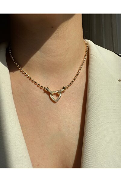 LUSORA ACCESORY قلادة سلسلة مرصعة بالحجر على شكل قلب ذهبي اللون - تصميم أنيق"