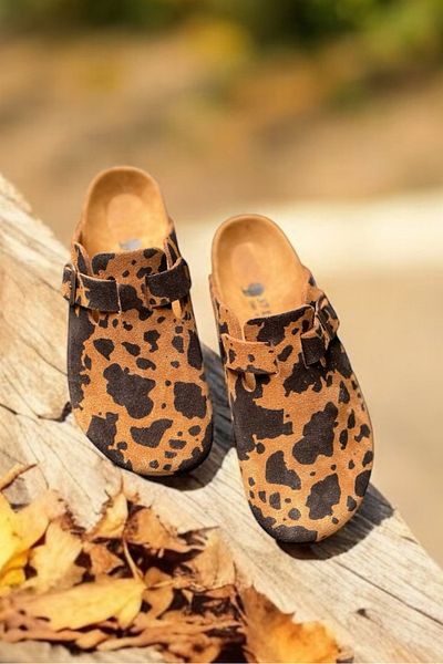Land of Cork Anatomical Natural Cork Sole Animal Print Suede Leather Women's Slippers