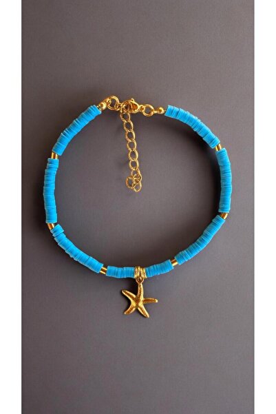 Bensei Takı Dükkanı BENSEİ Çelik Deniz Yıldızı , Çelik, Pirinç Üzeri Altın ve Fimo Boncuklu, Çelik Zincirli Halhal