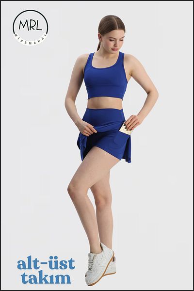 missmaral Set sport pentru femei Pantaloni scurți albaștri Fusta și set de sutien crop cu suport pentru tenis Mare Piscina Sporturi active